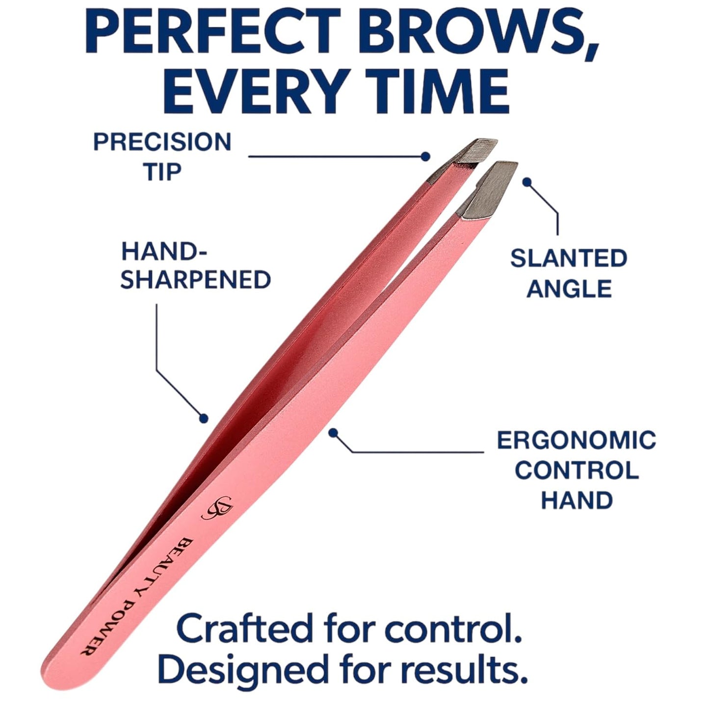 Beauty Power Slant Tip Precision Tweezers - Stainless Steel Eyebrow Tweezers for Women & Men - Precision Tweezers for Facial Hair, Ingrown Hair & Brow Shaping - Professional Beauty Tool (Pink)