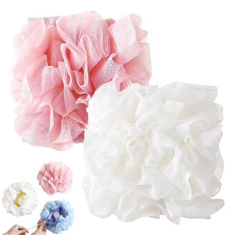 2 in 1 Loofah Sponges 2-Pack Dual-Sided Exfoliating Bath Sponges for Shower & Loofah Washcloth for Bar Soap Premium Body Scrubber with Drawstring for Gentle Skin Smoothing - Pink＆Beige