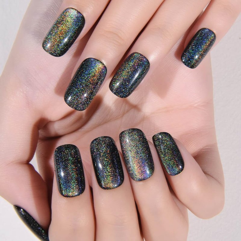 Black Chrome Metallic Cat Eye Press-On Nails | Medium Square, No Glue, Iridescent Glitter for Women