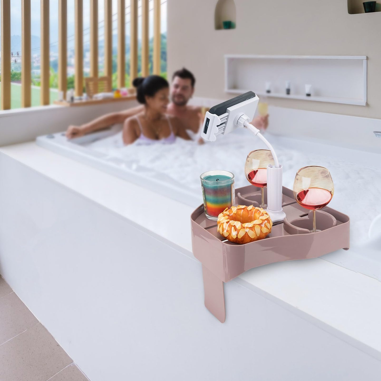 PIRXXIY Hot Tub Table Tray with Adjustable Phone Holder, Inflatable Hot Tub Accessories with 2 Drink Holders, Fits Outdoor Inflatable Spa/Pool, Idea Gifts for Women and Parents