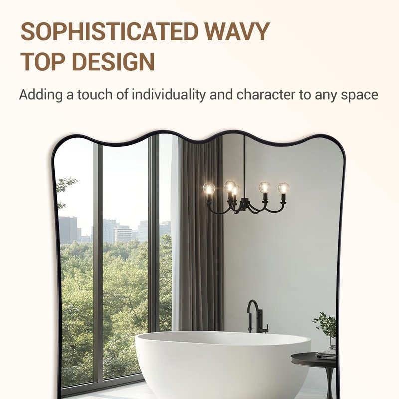 ANDY STAR 24x36 Wavy Rectangle Bathroom Mirror, Matte Black Scalloped Mirror with Curved Design, Irregular Wall Mirror for Vanity, Powder Room, Stainless Steel Frame, Anti-Rust