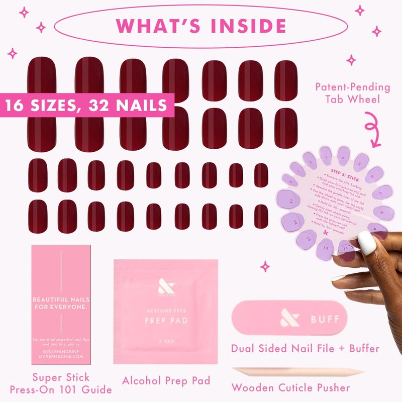 Classic Super Stick Press-On Nails - No Glue Needed, Non-Toxic | 32 Tabs in 16 Sizes | Extra Short Squoval in Mulberry Maroon