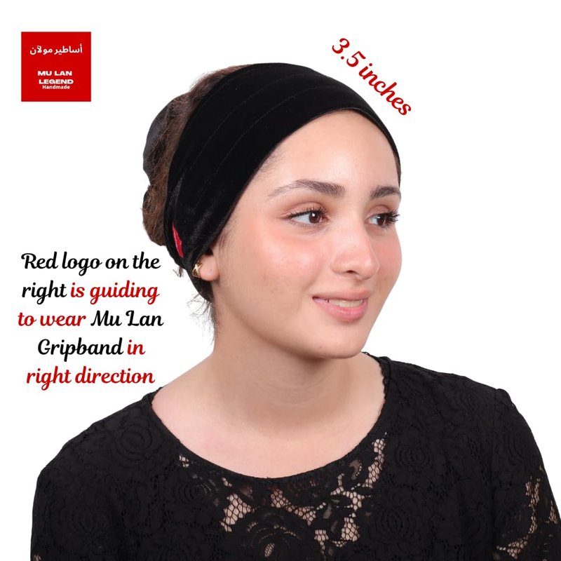 Mu Lan Gripband | Non-Slip Headband | Anti-Slip Velvet Under Scarf Hijab | Double Grip Hair Shawl Turban Hat Wig (Black)