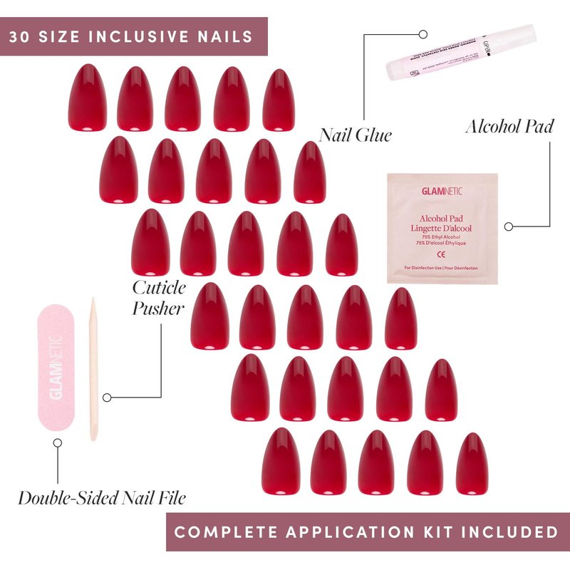 Glamnetic Press On Nails - Classic Red Short Almond | Opaque Timeless Design | 30 Nail Kit with Glue in 15 Sizes
