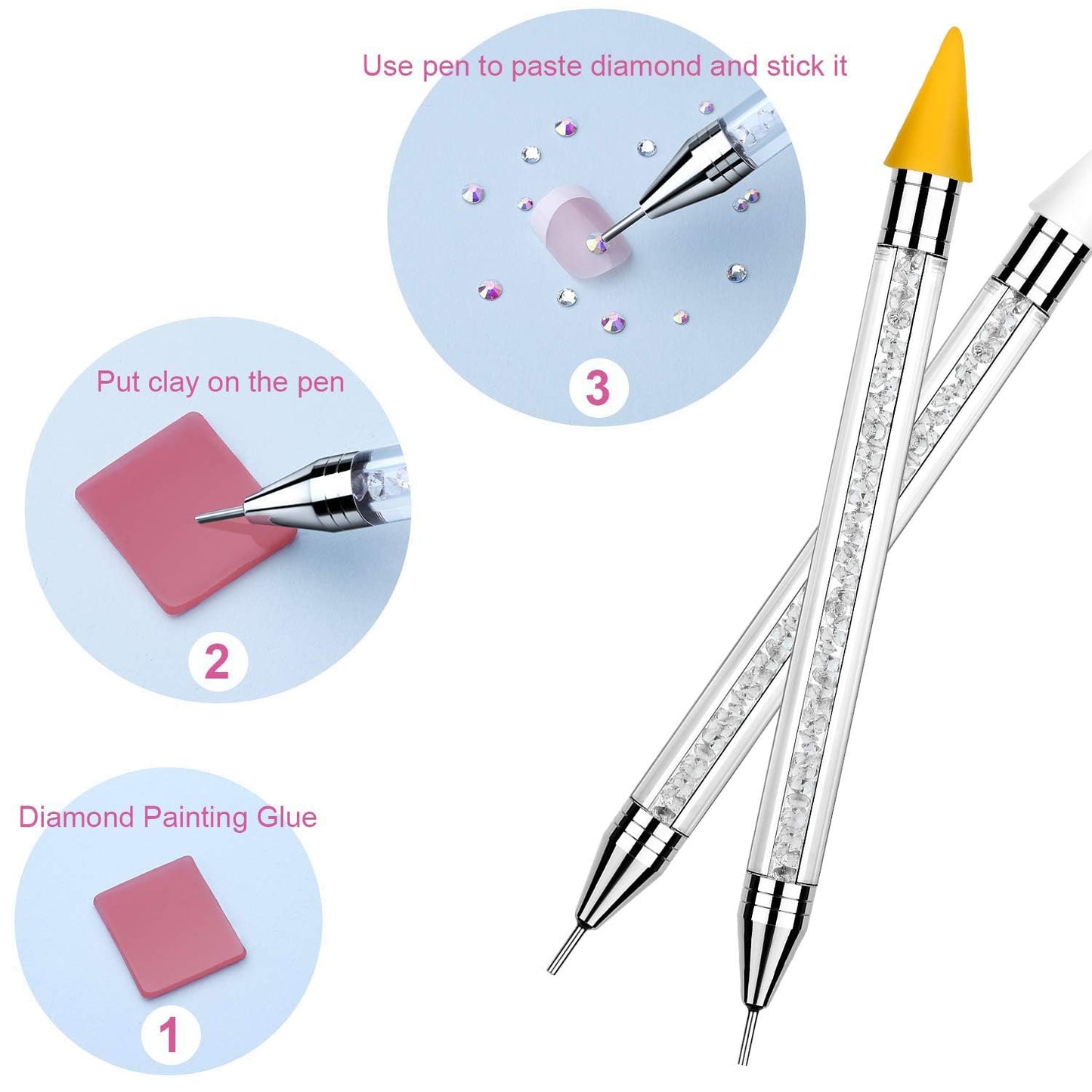 Tatuo Dual-Ended Rhinestone Picker Pen - Crystal Beads Handle for Nail Art & DIY Decoration (White)