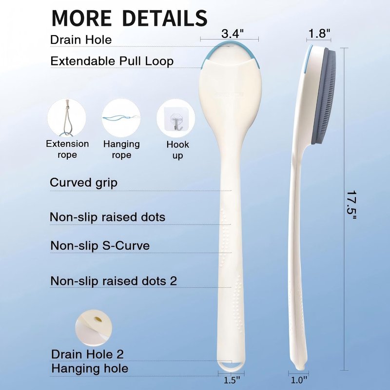BUBBLEDANCE® Extendable Silicone Back Scrubber (17.5" to 32") – 2-Hand Grip for 4X Power, Curved Stiff Bristles, Non-Slip Long Handle Shower Brush for Deep Exfoliation - White (Stiff Bristles)