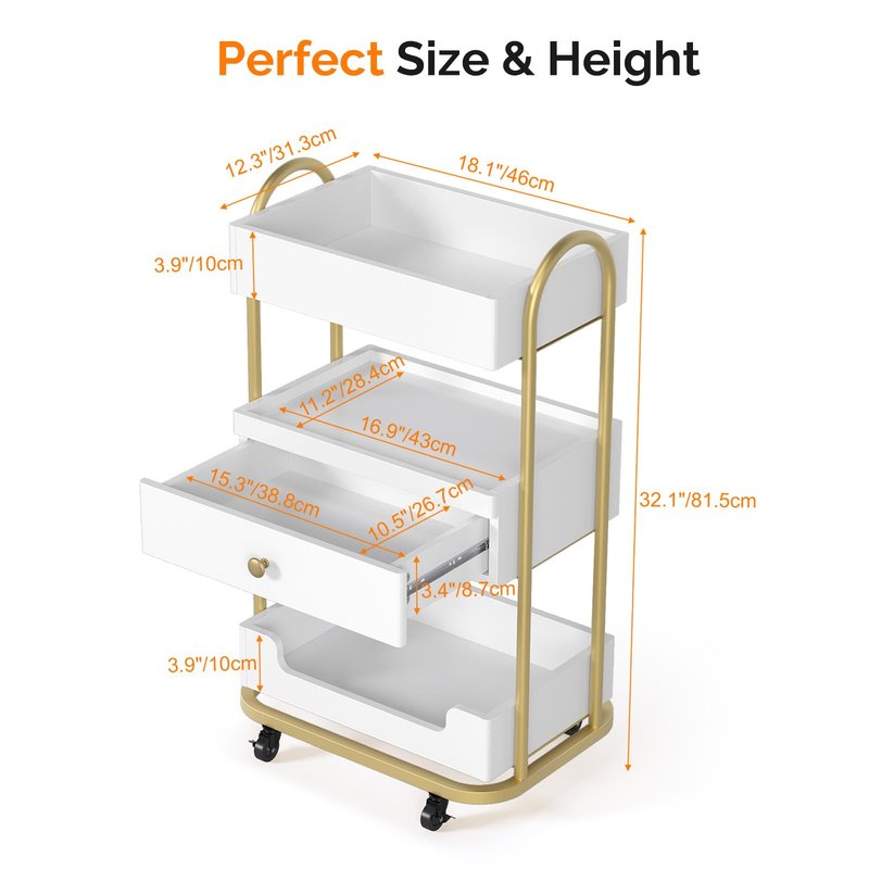 OmySalon Salon Trolley Cart, Hair Styling Station with 3 Trays & 1 Drawer, 2 Lockable Wheels, Esthetician Cart Mobile Storage Cabinet for Beauty Spa Barbershop, White