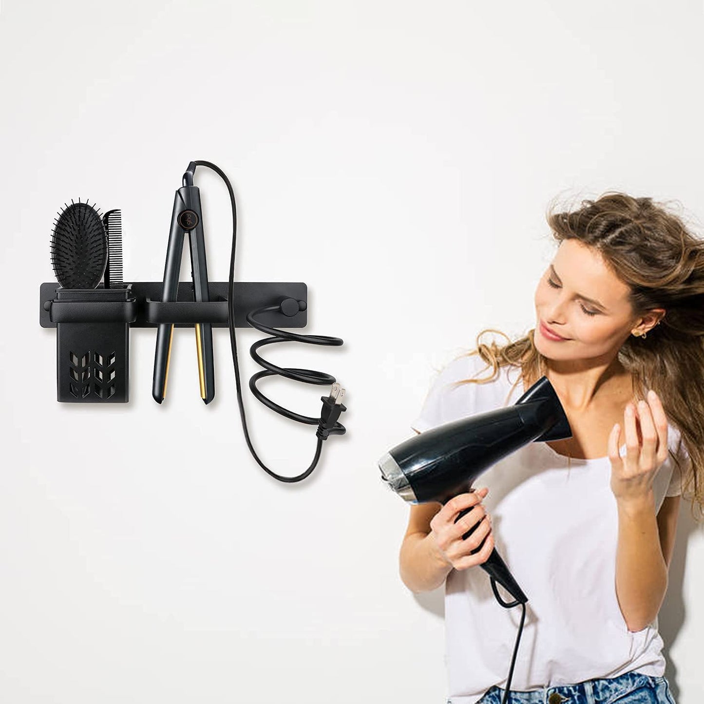 YUET Hair Dryer Holder Hairdryer Station Wall Mounted Shelf Bracket Straightener Stand Hanger Organizer Blow Storage w/Cable Tidy Rack For Dressing Table Bathroom Aluminum Professional,Black With Cup