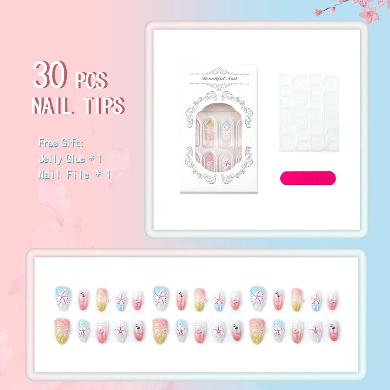 Skiennix 3D Flower Press On Nails - Handmade Pink & Blue Almond Nails with Pearl & Rhinestone | Reusable Acrylic for Spring/Summer Parties