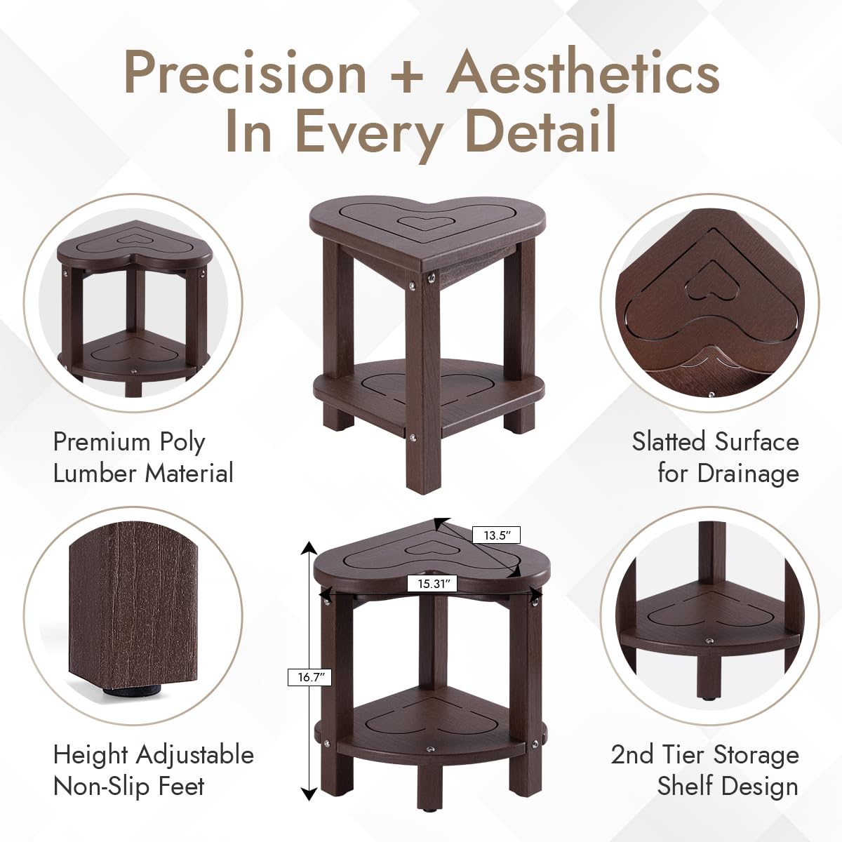 UHA Corner Shower Stool for Inside Shower - Waterproof Corner Shower Bench, HDPE Plastic Bathroom Bench, Adjustable Height Corner Chair for Shaving Legs,Storage Shelf,Non-Slip Feet， Coffee
