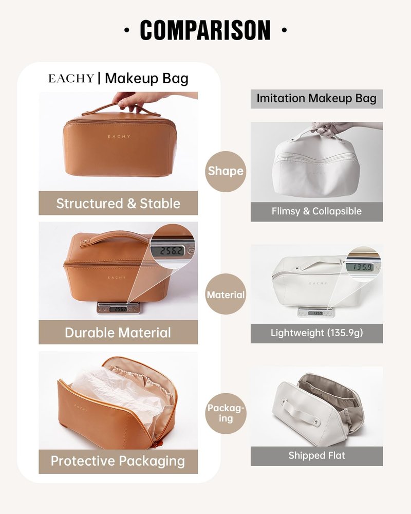 EACHY Travel Makeup Bag, Satin Portable Compartment Toiletry Bags for Traveling Women, Large Capacity Cosmetic Bag with Handle & Compartments