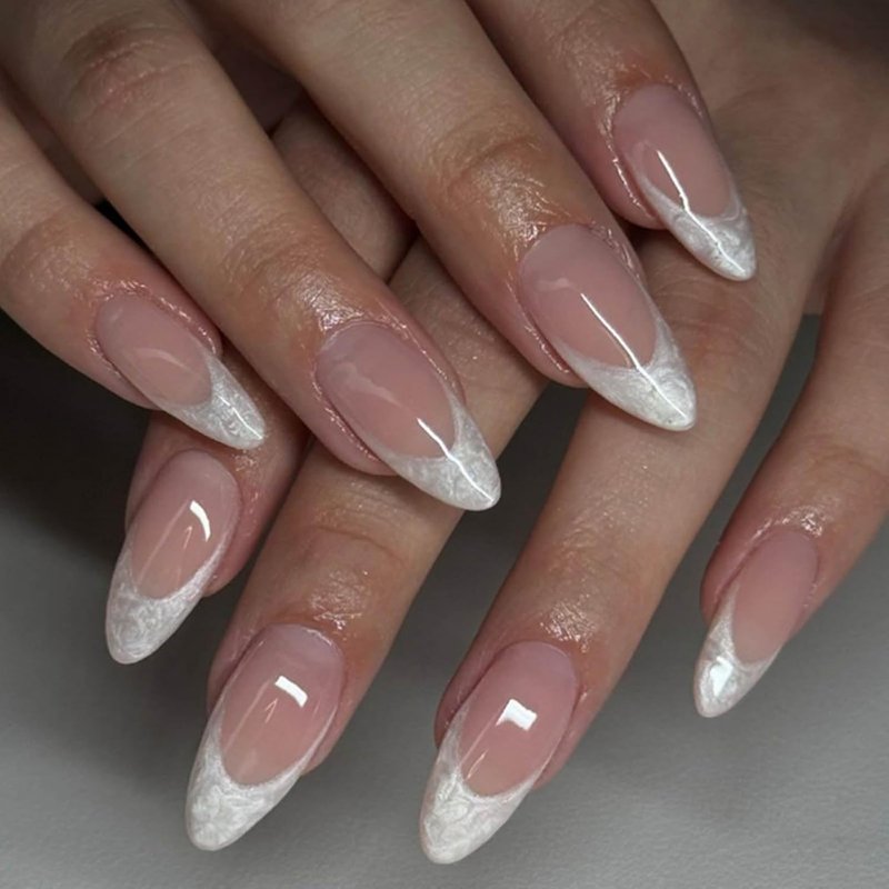 Short Almond Press-On Nails - 24-Piece Nude Marble Set | Elegant & Durable French Fake Nails for Instant Manicure