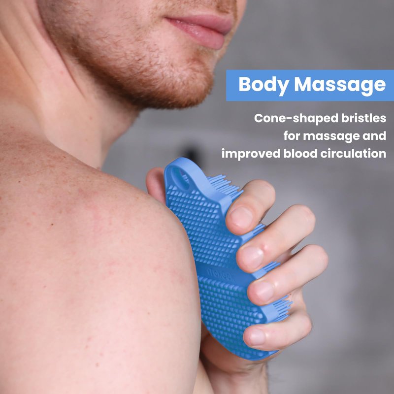 iTokGok Silicone Body Scrubber Silver-Infused Dual-Sided 3-in-1 for Shower, Body Cleaning+Massage+Exfoliator Body Brush Buffer for Men and Women, Silicone Loofah, Non-Slip Handle (Sky Blue)