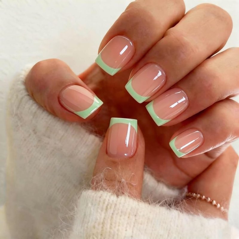 KXAMELIE Press On Nails Short - Square French Tip Press On Nails with Glue, Natural Nude Fake Nails in 15 Sizes - 30 Soft Gel Glue on Nails Kit for Women, Supremely Fit, Elegant Light Green French