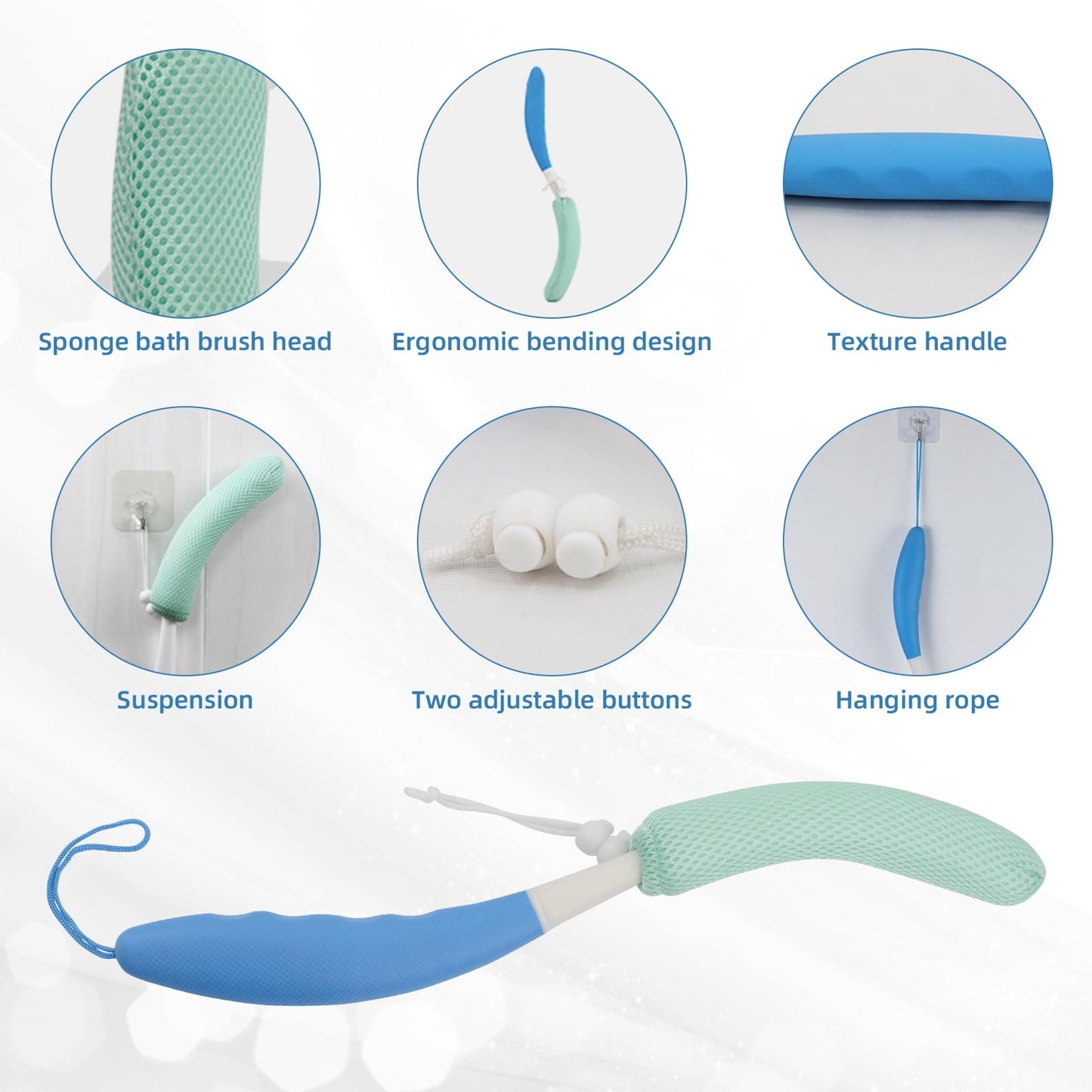 KkaFFe Back Scrubber for Shower，Mesh Sponge Body Shower Brush with Long Handle for Use in Shower Back Scrubber,Back Scrub for Exfoliating Body Scrubber or Shower Brush (Blue and Blue)