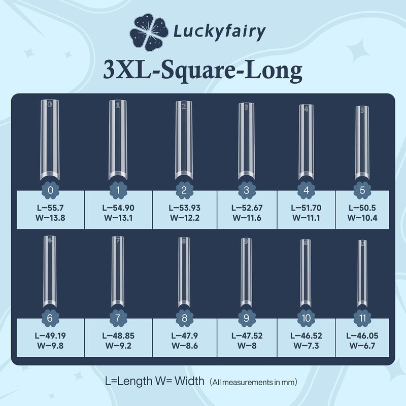 Luckyfairy 3XL No C Curve Square Acrylic Nail Tips, 120pcs Extra Long Straight Tapered Acrylic Gel Fake Nails, Matte Half Cover Clear Gelly Press on for Extension Manicure Home DIY 12 Sizes Gelly Tips