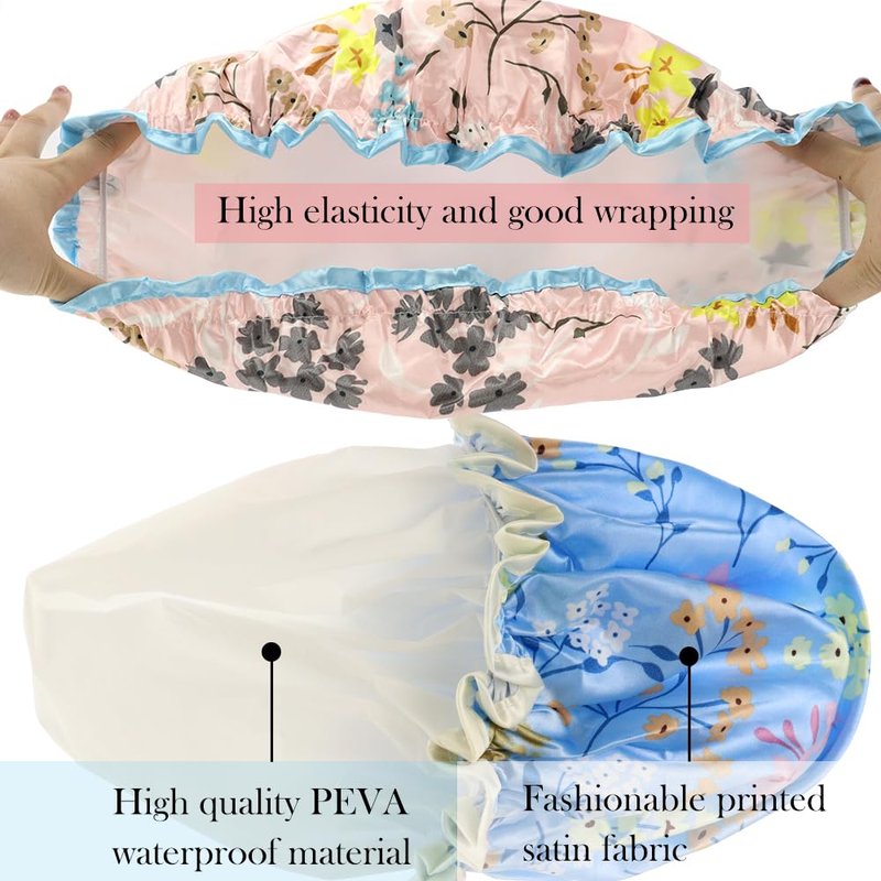 4 Pcs Reusable Waterproof Shower Hat with PEVA Lining Double Layers Elastic Satin Large Shower Caps Washable Shower Hats for Girls Women Long Hair All Hair Lengths