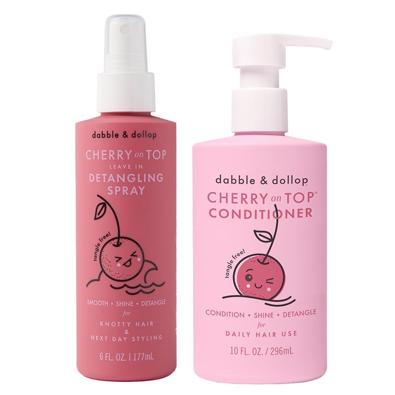 Dabble & Dollop Cherry on Top Detangling Duo – Kids Hair Conditioner & Leave-In Detangler Spray 2-Pack Bundle – Gentle, Non-Toxic, Natural-Origin Hair Care for All Hair Types