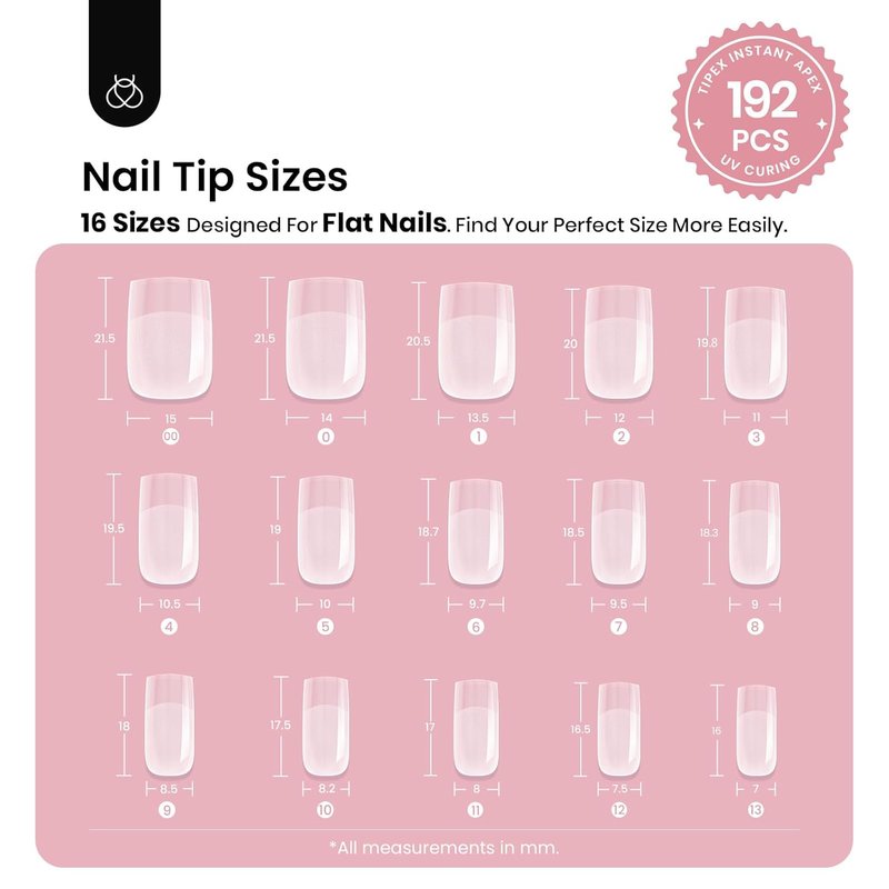 Beetles Instant Apex Nail Tips - Short Square Acrylic Tips, 192 Pcs in 16 Sizes 00–14 for DIY Nail Extensions