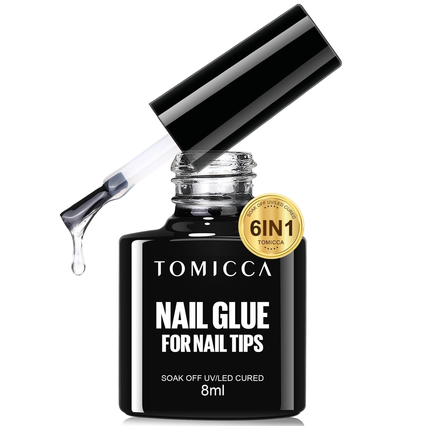 TOMICCA 6 in 1 Brush On Nail Glue for Press Ons 8ml Strong Gel Nail Glue for Nail Tips Lamp Curing Needed UV, DIY Home Salon Use