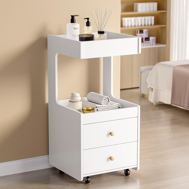 Salon Trolley Cart, Esthetician Cart with 2 Drawer & 2 Trays, 2 Lockable Wheels Hair Styling Station, Tool Organizer Storage Cabinet for Beauty Spa Barbershop, White