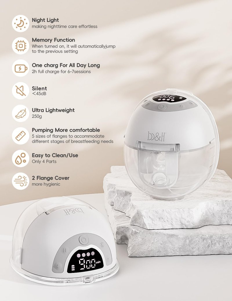 b&h Electric Wearable Breastfeeding Pump with Night Light, Hospital Grade Breast Pump Hands Free, 4 Modes & 9 Levels, 17/19/21/24/27mm Flange, Baby Mouth Double-Sealed Flange, Milk Pump for Moms -Grey