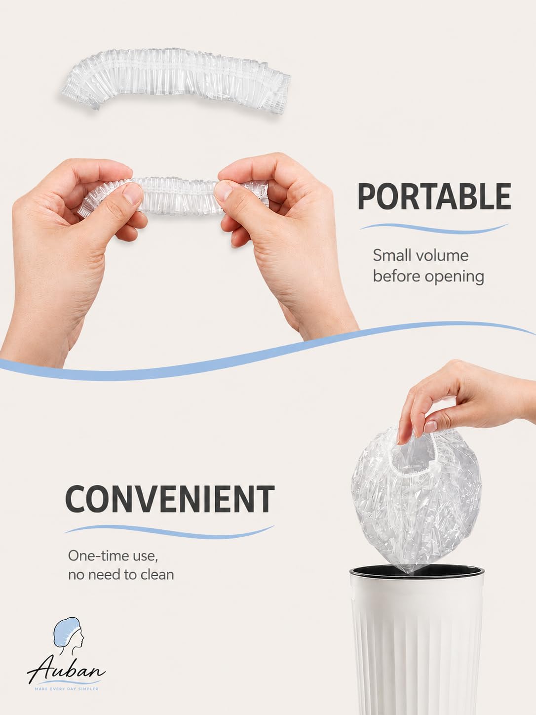 Auban 50 PCS Shower Cap Disposable,Bath Caps Larger Thick Clear Waterproof Plastic Elastic Hair Bath Caps For Women Hotel Travel Essentials Accessories Deep Conditioning Hair Care(19.3")