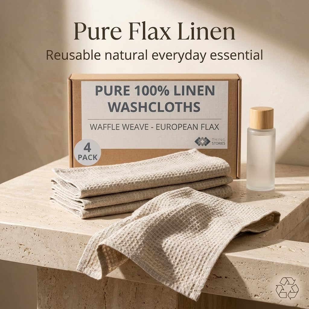 Thing Stories Flax Linen Washcloths for Bathroom - Waffle Washcloths 4-Pack 10x10 inch - Linen Face Cloths - Waffle Weave Cleaning Cloths with Loop - Exfoliating Face Towel for Women