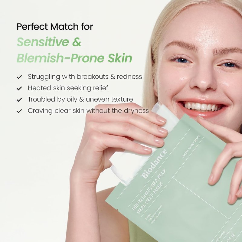 BIODANCE Refreshing Sea kelp Real Deep Mask, Overnight Hydrogel Face Mask, Calming, Oil & Sebum Control, Blemish Care, After Sun Care, Sunburn Relief, Korean Skin Care | 1.19oz(34g) x 4ea