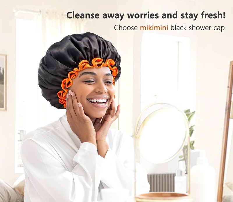 mikimini Small Black Shower Caps Pack of 2 for Kid, Double Layers Waterproof Bathing Hair Cap with Reusable Soft Comfortable PEVA Lining, Cute, Non-fading & Stretchy Shower Hat Small Pack of 2, Black + Orange