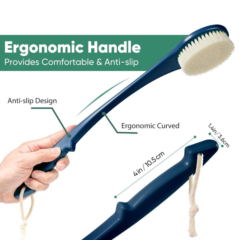 Back Scrubber for Shower, 17-Inch Shower Brush for Men and Women, Long Handle Exfoliating Body Brush, Medium Bristle Stiffness for Dry or Wet Brushing (Navy Blue)