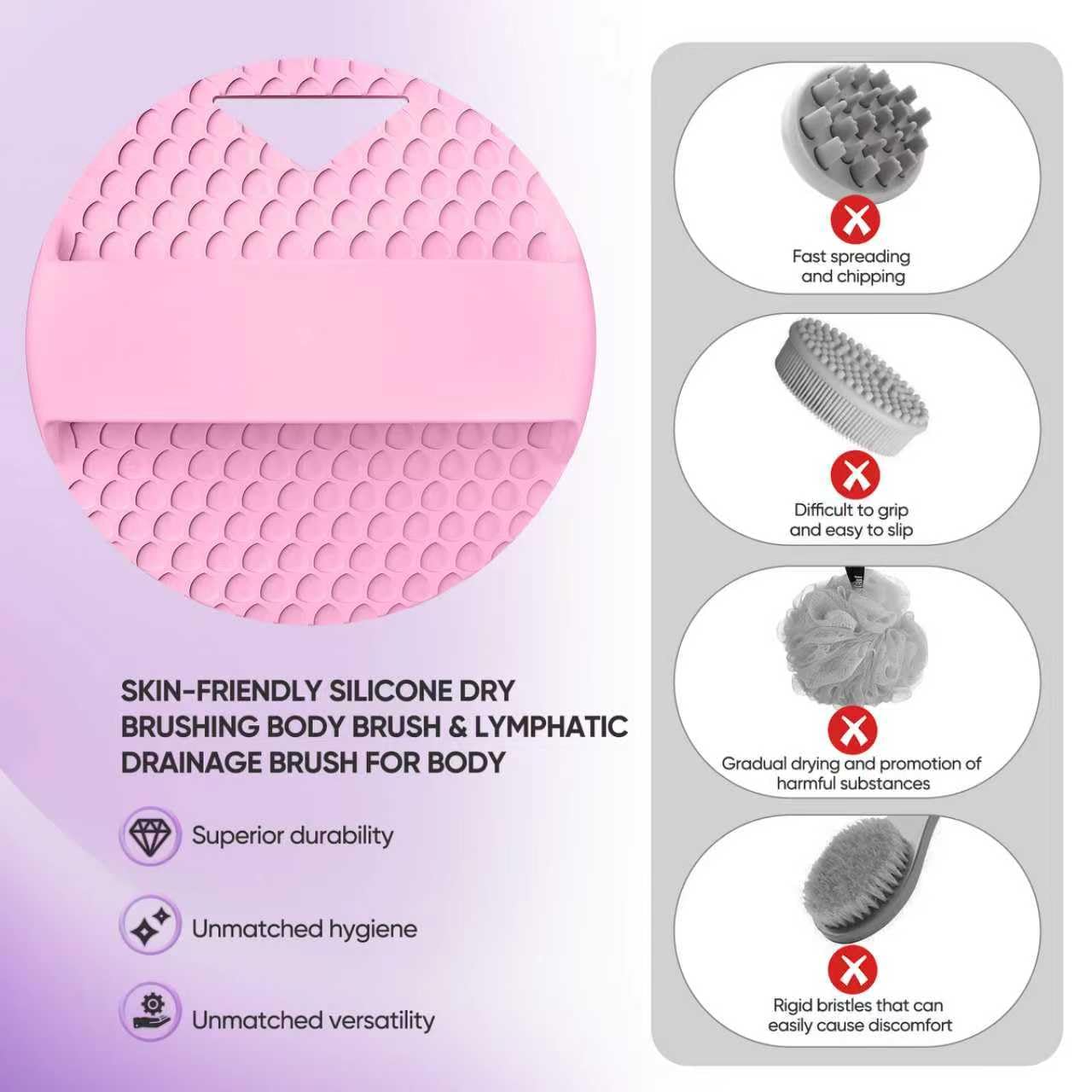 XCRUCC Silicone Body Scrubber - Anti Zinc Infused- Stiff & Soft Bristles Exfoliating Body Scrubber for Shower Body,Unblock Blood Circulation,Lymphatic Drainage - Pink