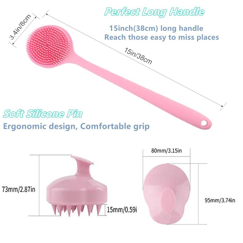 Cinlitek Silicone Body Scrubber & Scalp Massager, Long Handle Shower Brush, Exfoliating Scrubber for Men, Women & Kids