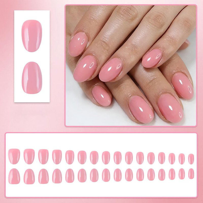 Nude Pink Press On Nails - 32 Pcs Short Oval Acrylic Set | Glossy Full Cover Stick-On for Manicure