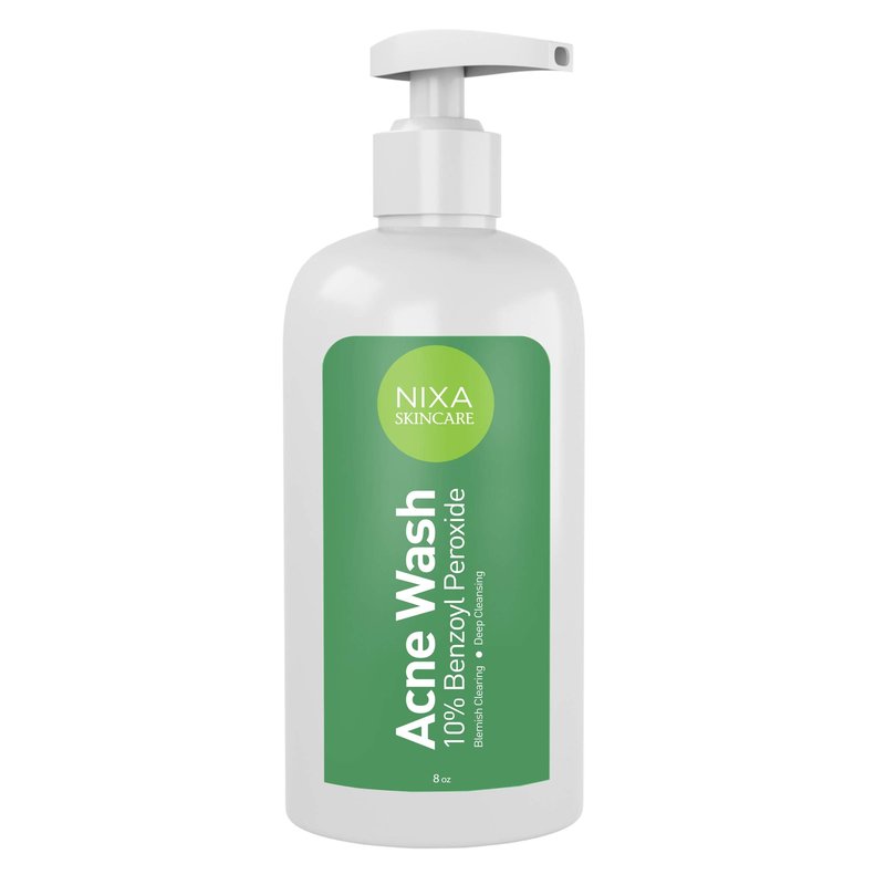 NIXA Skincare 10% Benzoyl Peroxide Wash - Acne Treatment, Face and Body Cleanser for Teens and Adults - Unclog Pores, Reduce Sebum, Works on Contact - Non-Irritating Non-Oily Cleansing Formula - 8oz.