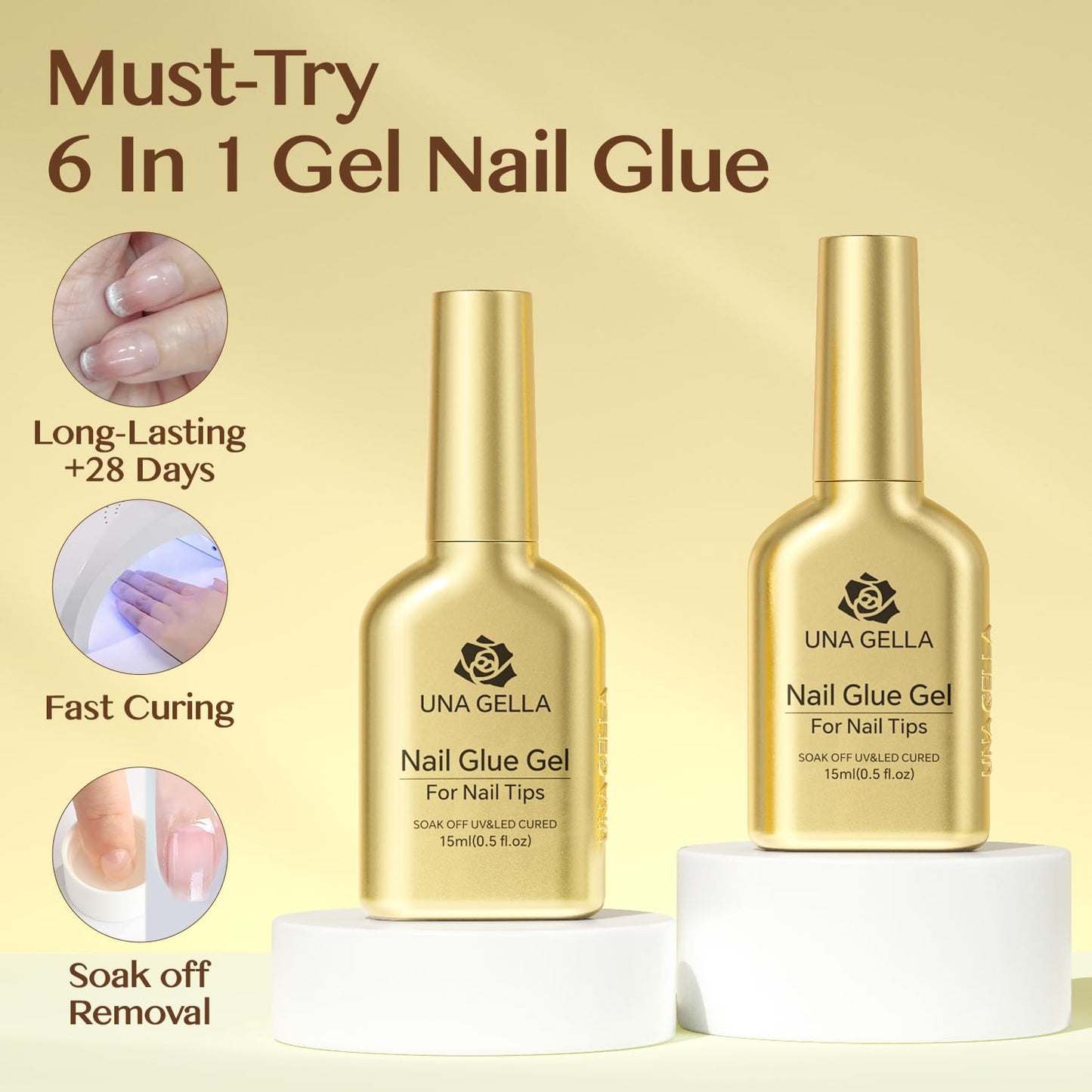 UNA GELLA 6 in 1 Gel Nail Glue for Clear Acrylic Nails Tips, 2Pcs 15ml Super Strong Brush U V Nail Glue Long Lasting Lamp Curing Required for Fake Nails Tips