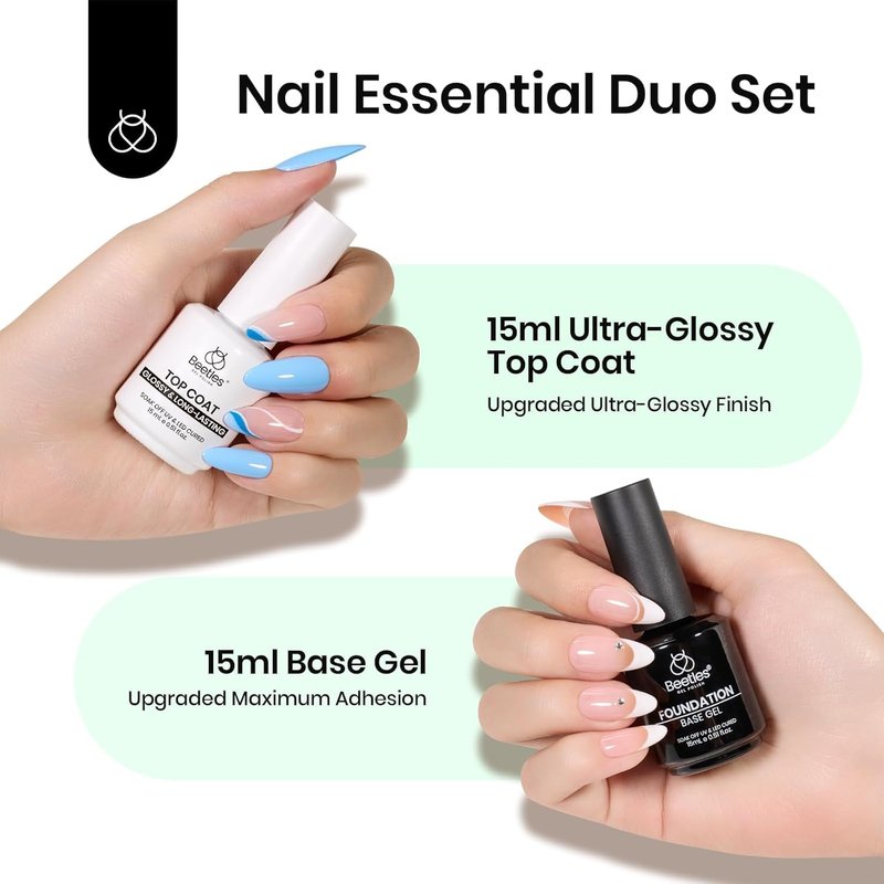Beetles 2Pcs 15ml Gel Base and Top Coat Set - Upgrade No Wipe Extra Glossy Top Coat Finish for Gel Nail Polish, Soak Off UV/LED Lamp Needed, Essentials for Long-Lasting Manicure Kit