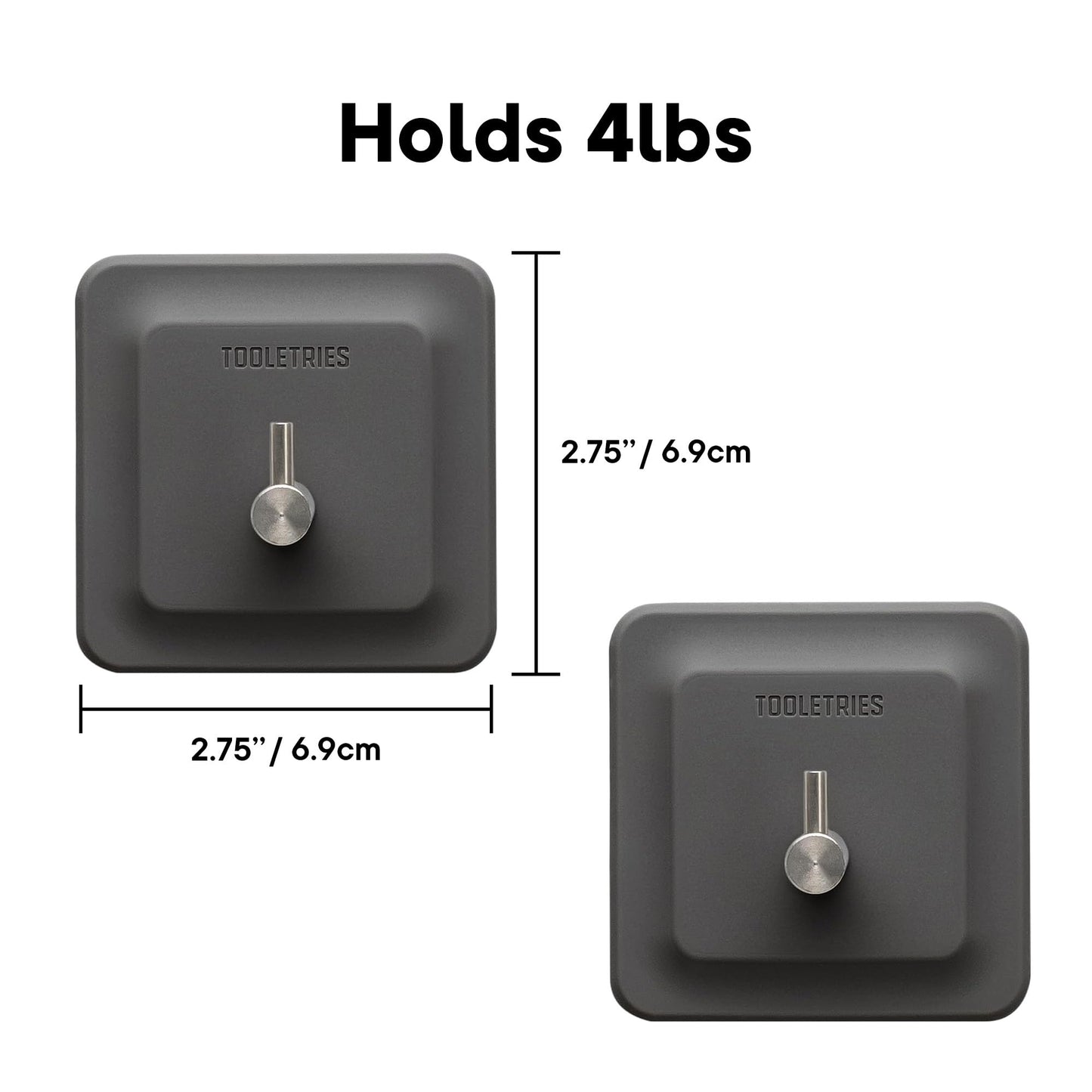 TOOLETRIES Arnold Silicone Shower Hook 2 Pack, Adhesive Hooks for Inside Shower, Waterproof Bathroom Organizer for Razors, Loofahs & Bathroom Accessories, Removable & Reusable - Charcoal