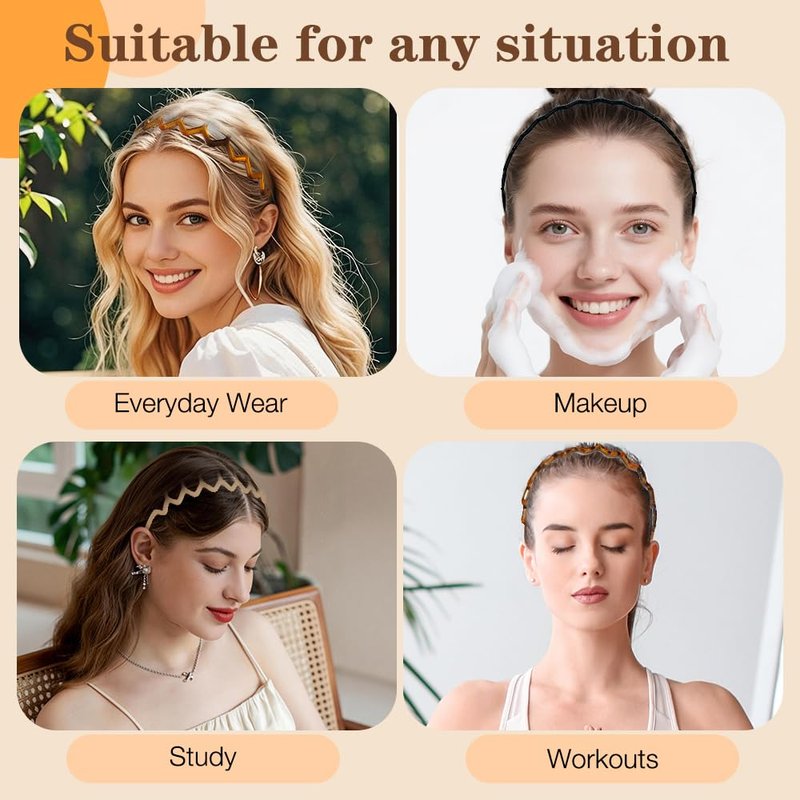 Skiennix 6 Pack Zig Zag Headbands - Non-Slip Hair Bands for Daily Wear | 90s Retro Style Accessories