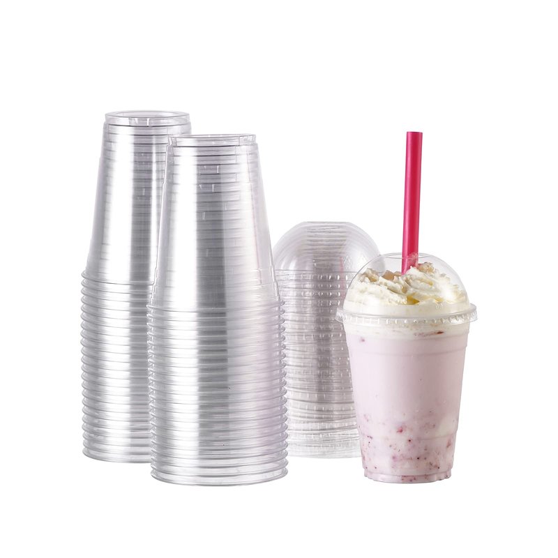 [100 Sets-16 oz.] Plastic Cups With Dome Straw Slot Lids PET Crystal Clear Disposable Togo Cup BPA Free For Party Ice Cold Drinks Coffee Tea Parfait Dessert Smoothie Bubble Boba Fruit Milkshake Slush