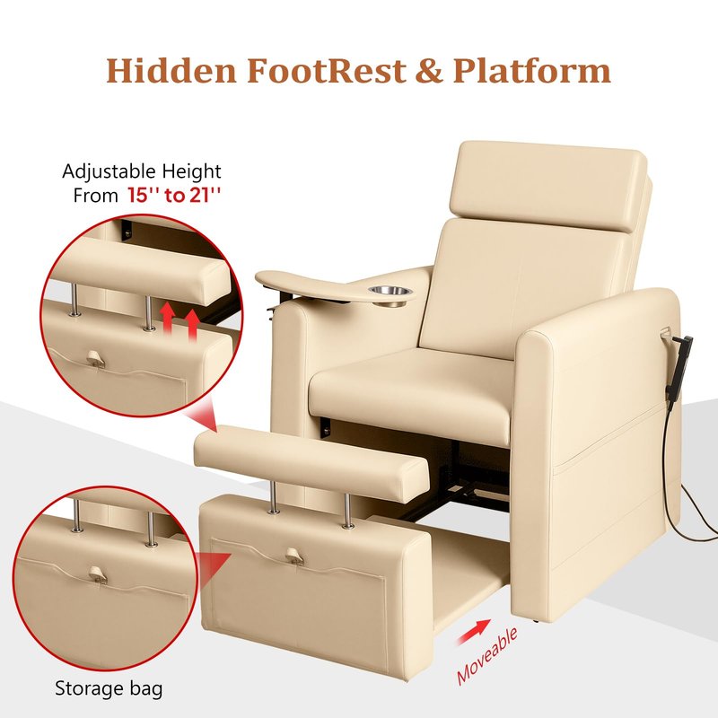 OmySalon Electric Pedicure Chair w/Adjustable Backrest, Movable Cup Holder & Hidden Storage Platform, Full-Floor Support Pedi Station for Professional Nail Tech Supplies Spa Salon (Bleached Sand)