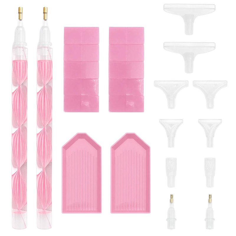 Rhinestone Applicator Tool Set(Pink)–2 Dual-Ended Picker Handles with 12 Plastic Tips, Adhesive Clay and Bedazzling Accessories for Nail Art Crafts