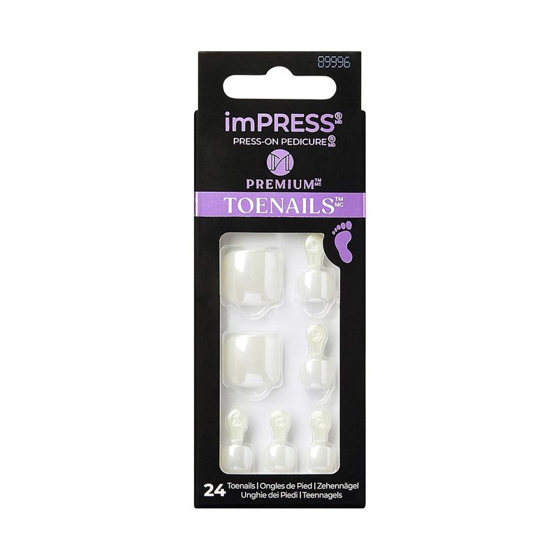 KISS imPRESS Premium No Glue Press-On Toenails - Sparkling White Pearl Squoval | 24 Nails, Prep Pad & Tools Included