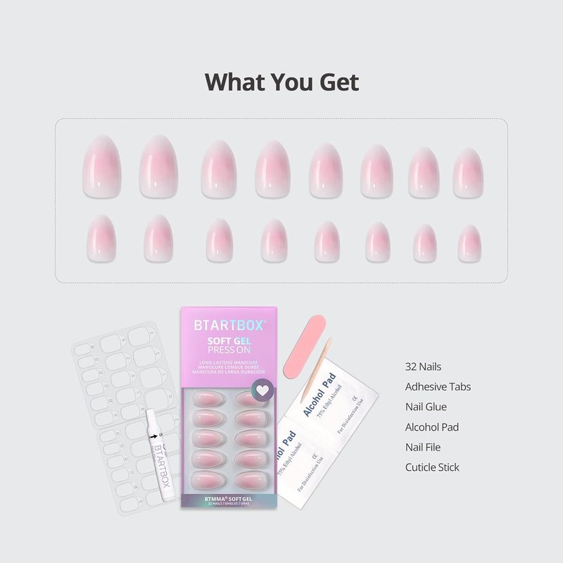 Press On Nails - Pink Ombre Almond Soft Gel Kit | 32 Opaque Glue-On Nails in 16 Sizes