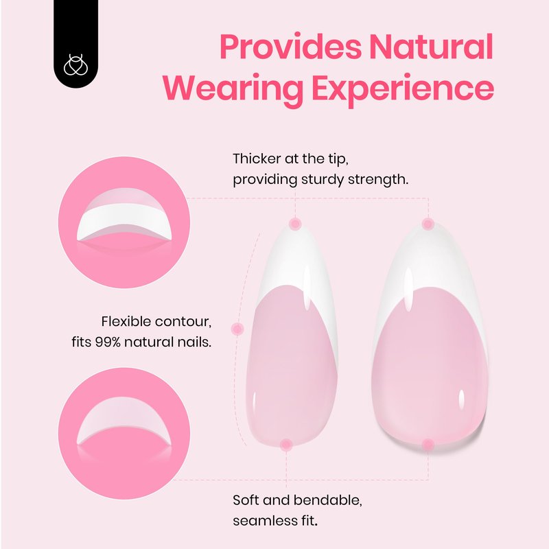 Beetles Press On Nails Almond Medium: 60pcs French Tip Press On Nails in 16 Sizes, White French Tips Pink Fake Nails with Nail Glue, Quick & Easy Nail Salon Manicure Gift for Women Her