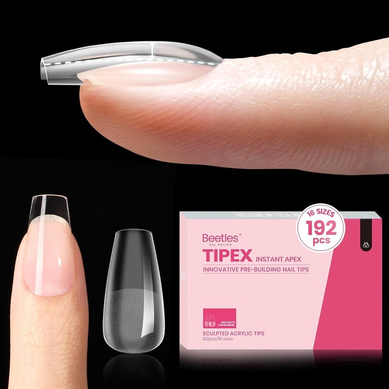 Beetles Tipex Instant Apex Nail Tips, Coffin Short, 16 Sizes (00–14), 192pcs, Built-In Apex, No Builder Gel Required, Thicker Strong Acrylic Tips for DIY Nail Extensions