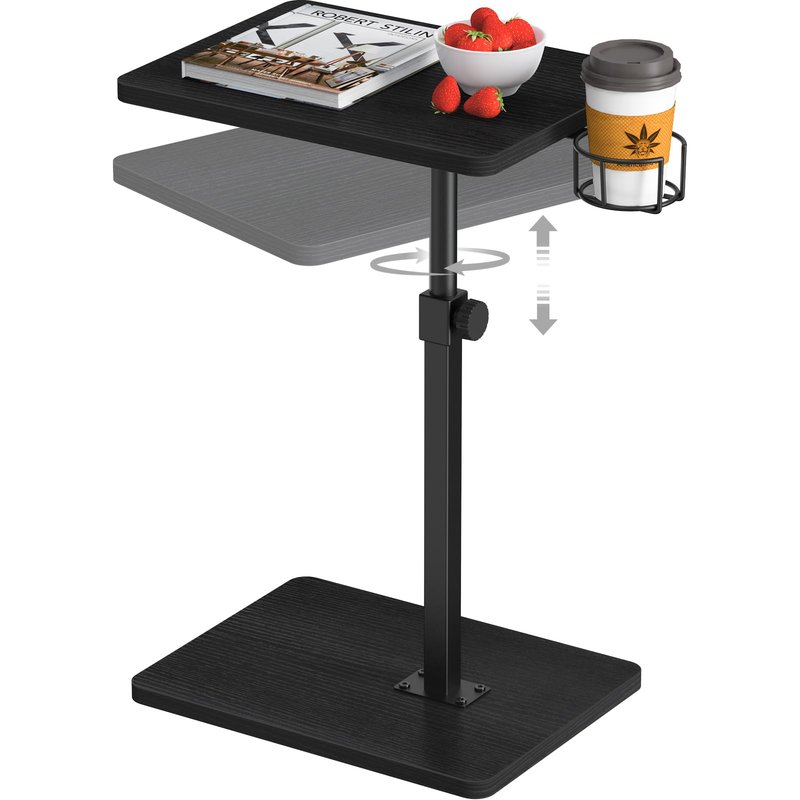 Giikin Side Table, 360 Swivel & Height Adjustable TV Trays for Eating on Couch, Sofa Armrest TV Tray Table with Cup Holder for Small Spaces, C-Shaped, Black, 11.8" D x 15.8" W x 31" H