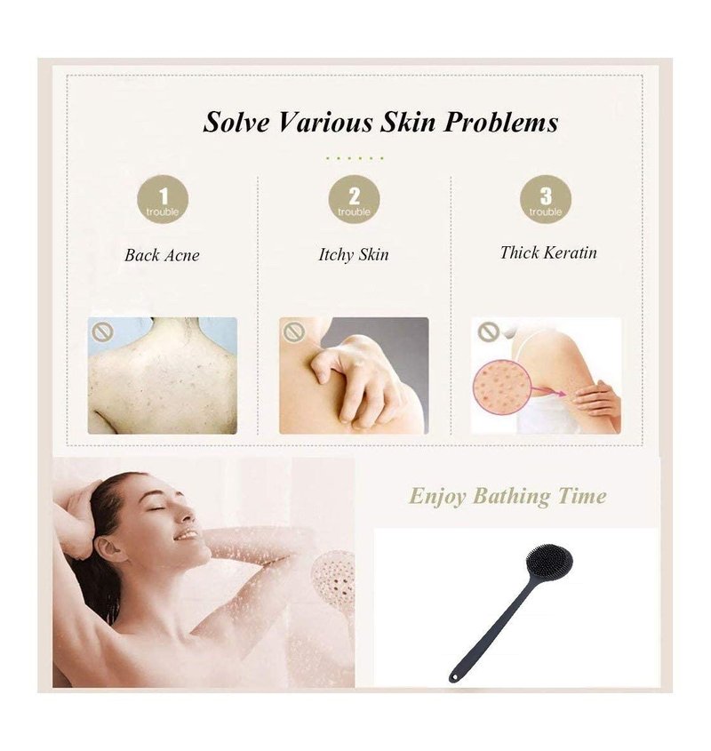 Long Handle Silicone Body Scrubber for Shower, Dual-Sided Back Scrubber Brush with Soft Bristles&Massage Nodes, Exfoliating Bath Brush for Hard to Reach Areas, Easy to Clean & Quick Dry, for Daily Use