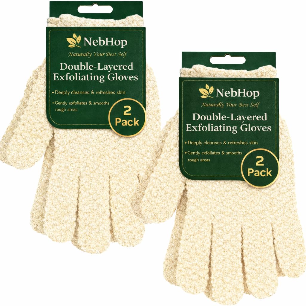 Double-Layer Exfoliating Gloves for Body Scrub – Deep Cleansing Bath Shower Gloves, Dead Skin Remover, Body Exfoliator for Smooth Skin, Reusable Spa Mitts for Men & Women, 4 Pcs, Beige