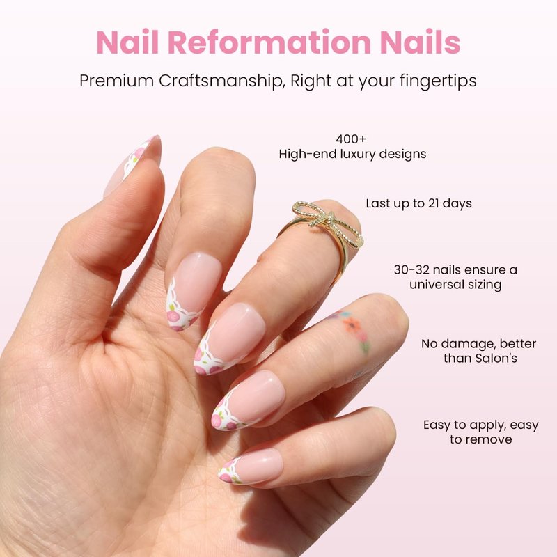 Nail Reformation Press On Nails, Fleur De Lace | Short Almond Fake Nails with Lace French Tip & Rose Floral on Nude Base in Glossy Finish, Reusable Nails in 16 Sizes - 32 Nail Kit, Gifts for Women